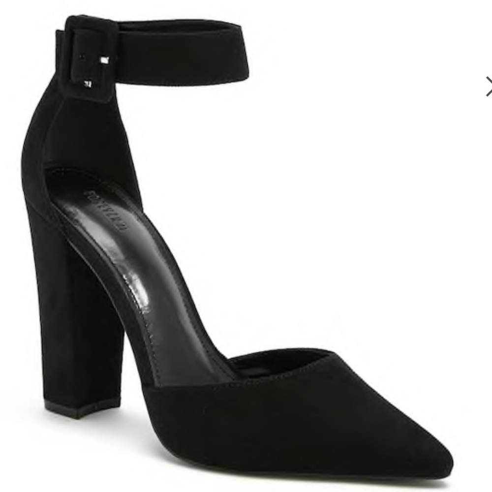 black pointed heels with strap